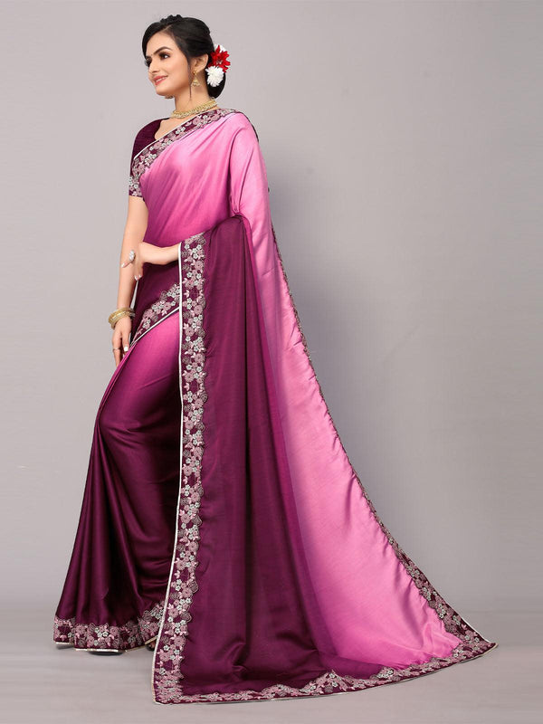 Women's Pink And Maroon Poly Silk Embroidery Border Work Saree With Blouse - Odette