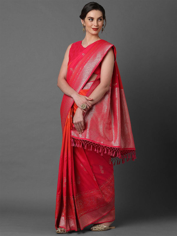 Women's Pink & Orange Festive Silk Blend Woven Design Saree With Unstitched Blouse - Odette