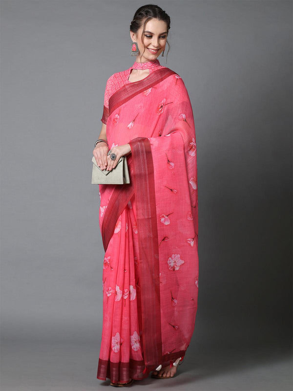 Women's Pink Casual Linen Printed Saree With Unstitched Blouse - Odette