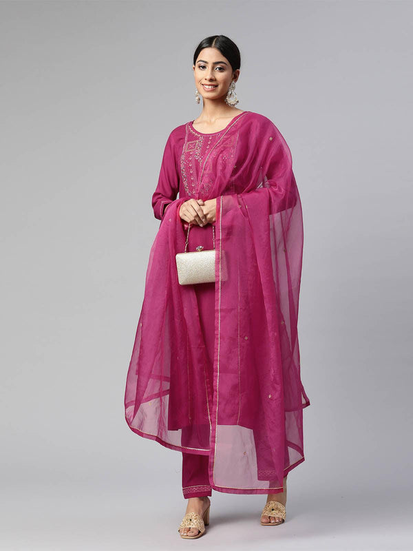 Women's Pink Chinon Embroidered Kurta Set - Odette