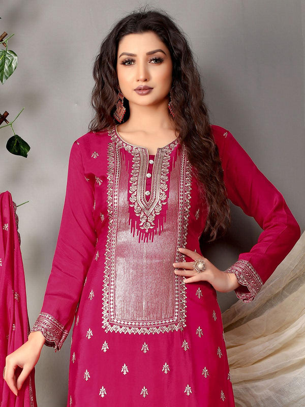 Women's Pink Chinon Heavy Designer Embroidery Kurta Set - Odette