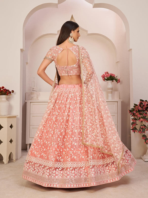 Women's Pink Color Mono Net Fabric Heavy Designer Lehenga - Odette