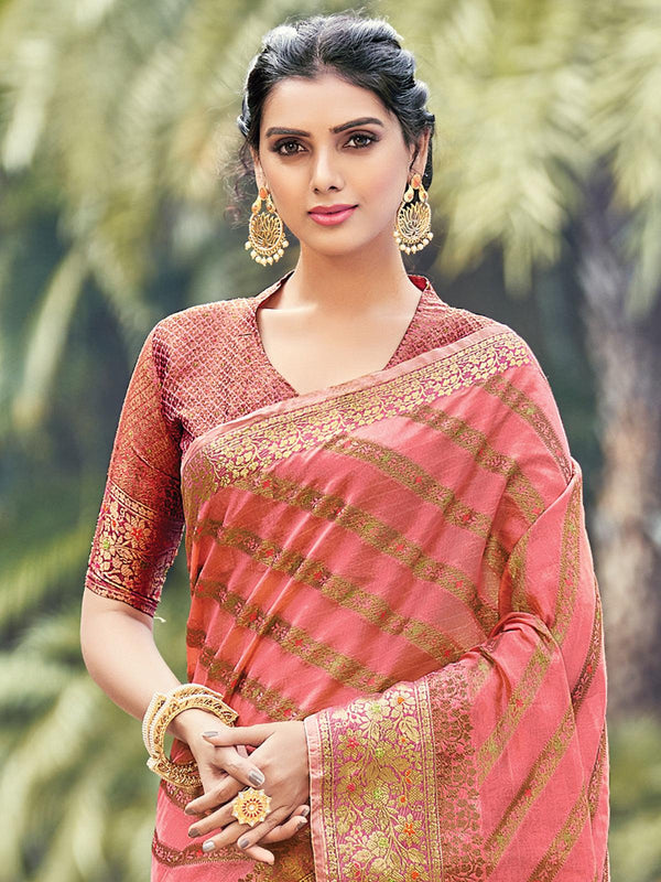 Women's Pink Color Organza Saree With Blouse - Odette