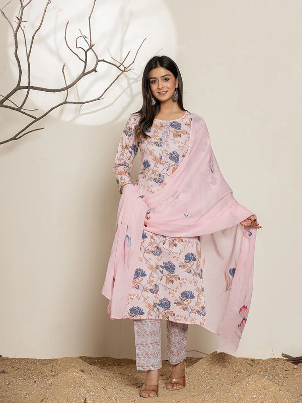 Pink Cotton Floral Print Kurta Dupatta Set