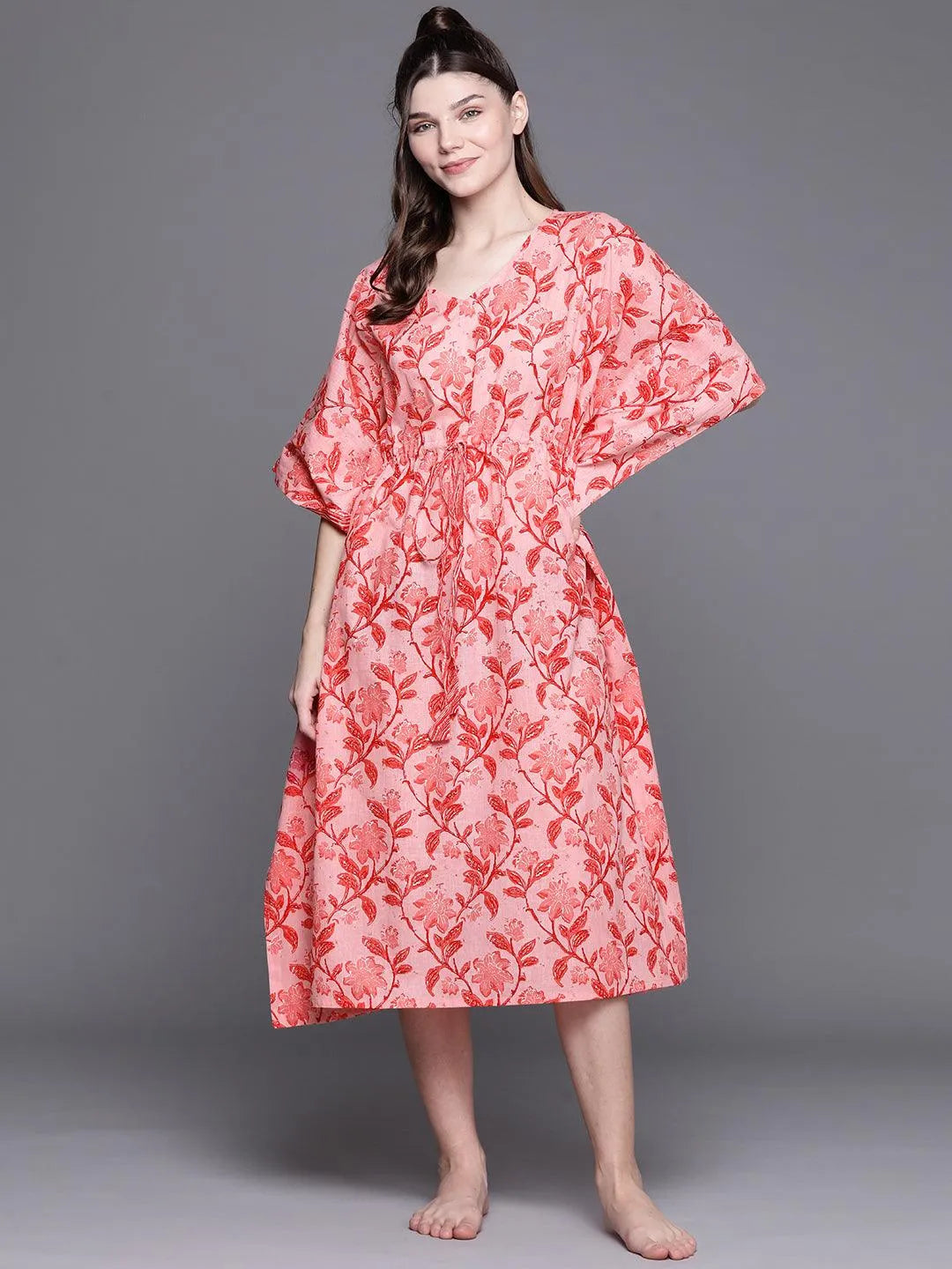 Pink Cotton Printed Kaftan Nightdress - Jashvi