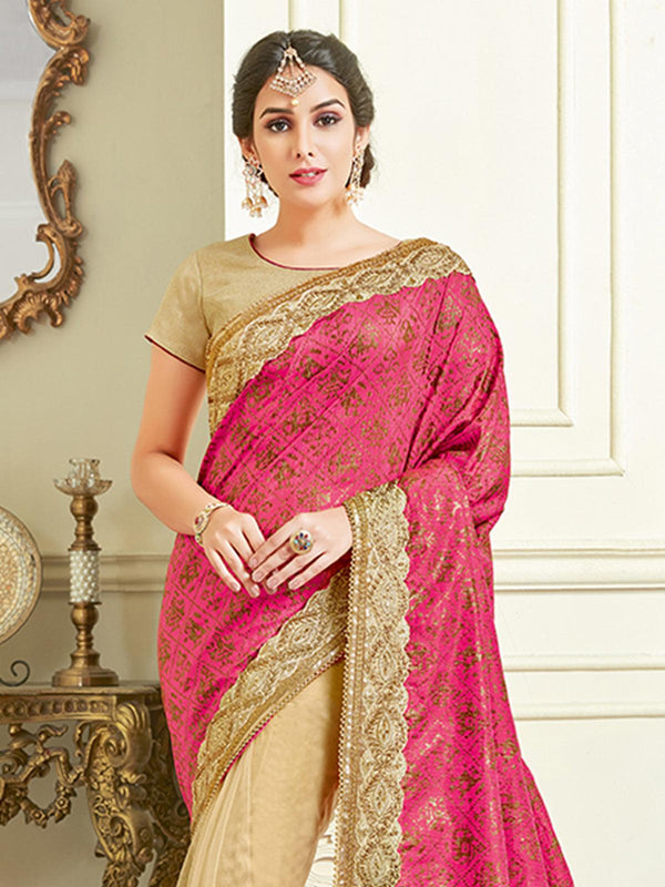 Women's Pink Cream Silk Net Designer Saree With Blouse - Odette