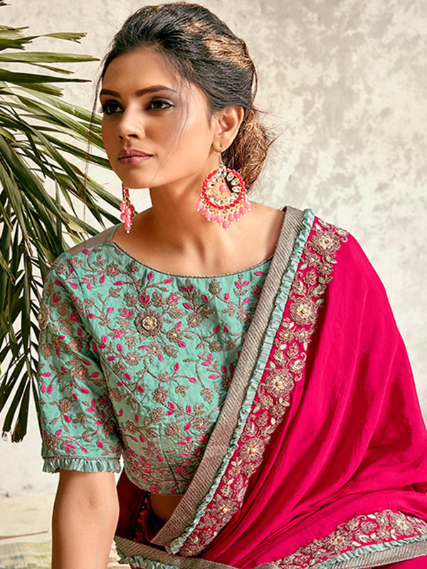 Women's Pink Crepe Silk Designer Saree With Blouse - Odette