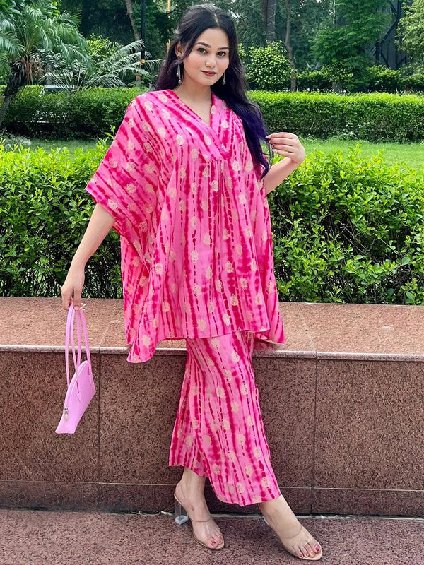 Pink Dyed Silk Blend Kaftan Kaftan With Palazzos - Jashvi