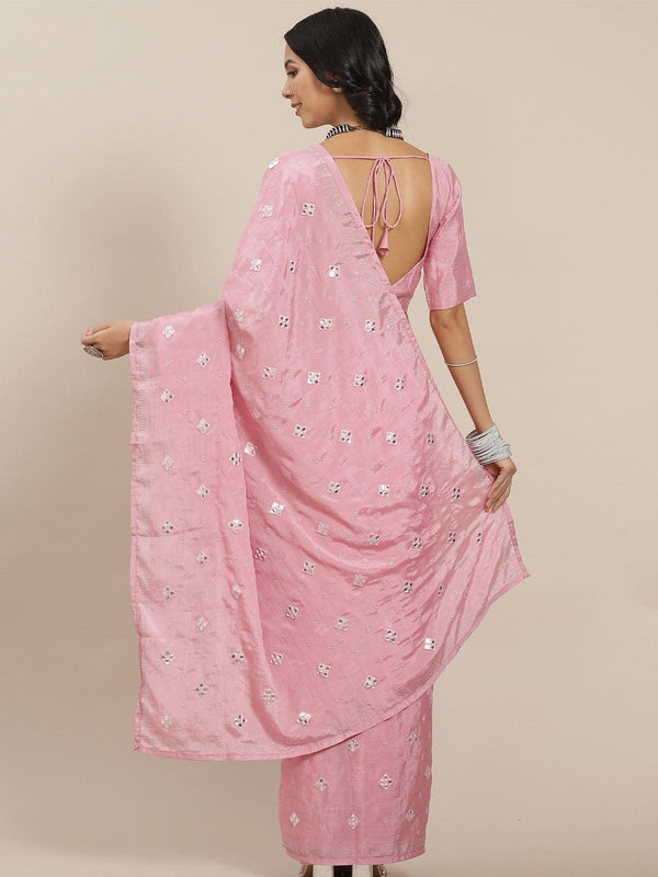 Women's Pink Elegant Mirror Work Saree - Odette