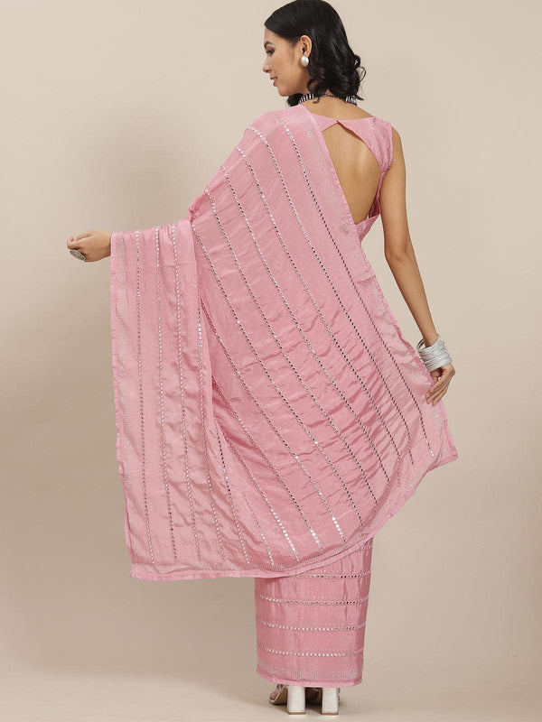 Women's Pink Elegant Mirror Work Saree - Odette