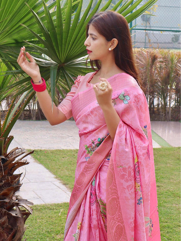 Women's Pink Elegant Soft Silk Saree - Odette