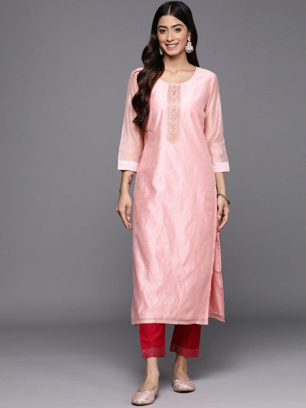 Pink Embellished Chanderi Silk Straight Kurta - Jashvi