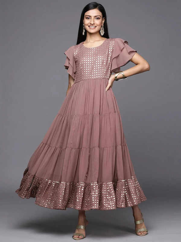 Pink Embellished Georgette Fit and Flare Dress - Jashvi