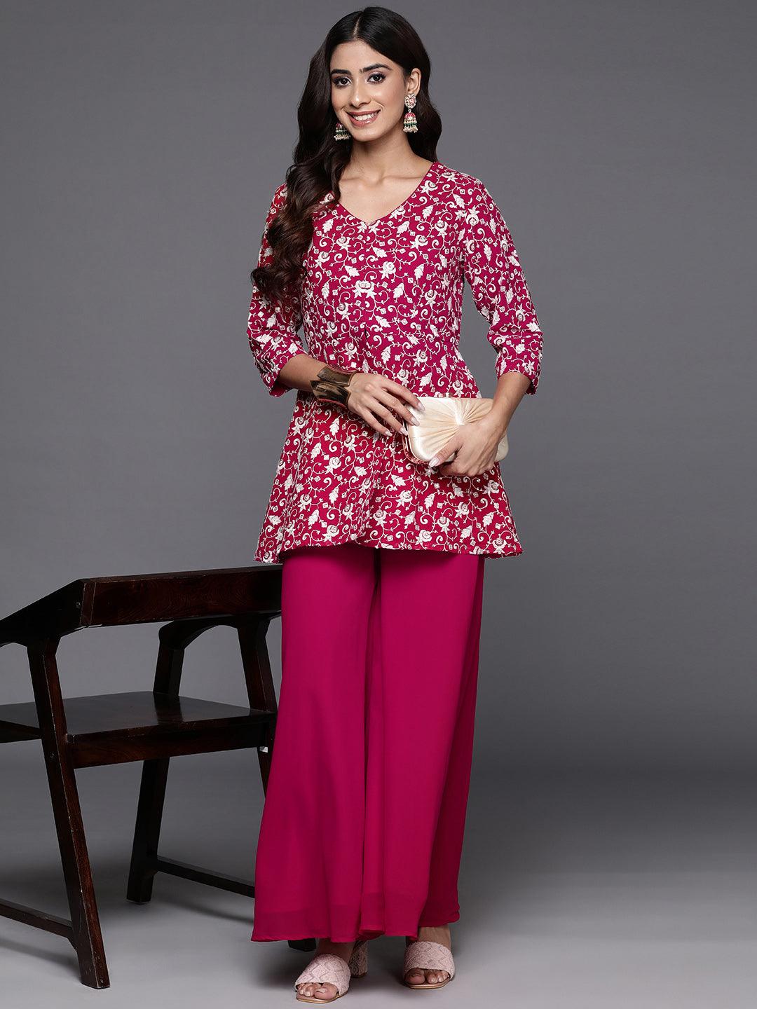 Pink Embellished Georgette Tunic With Palazzos - Jashvi