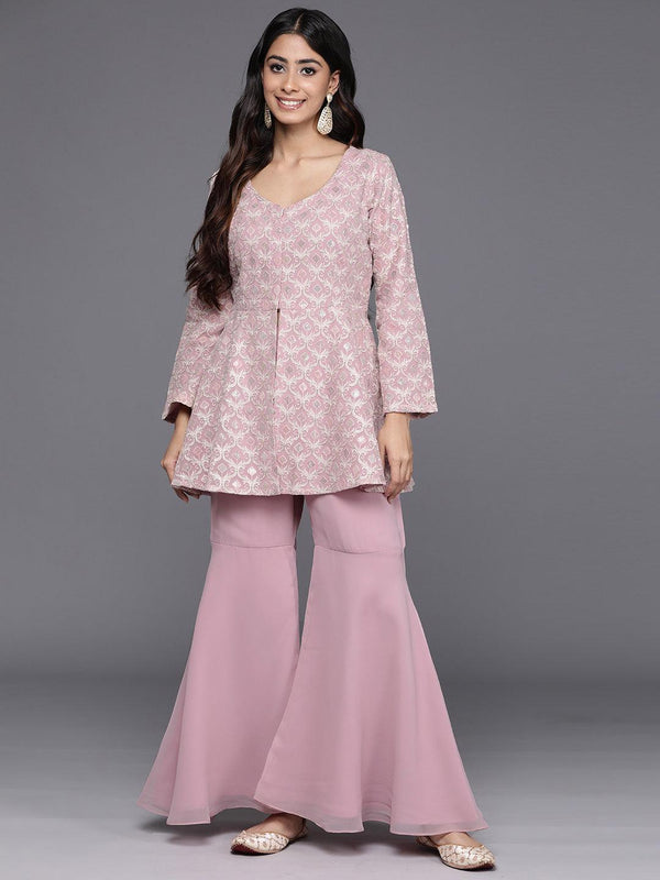 Pink Embellished Georgette Tunic With Palazzos - Jashvi