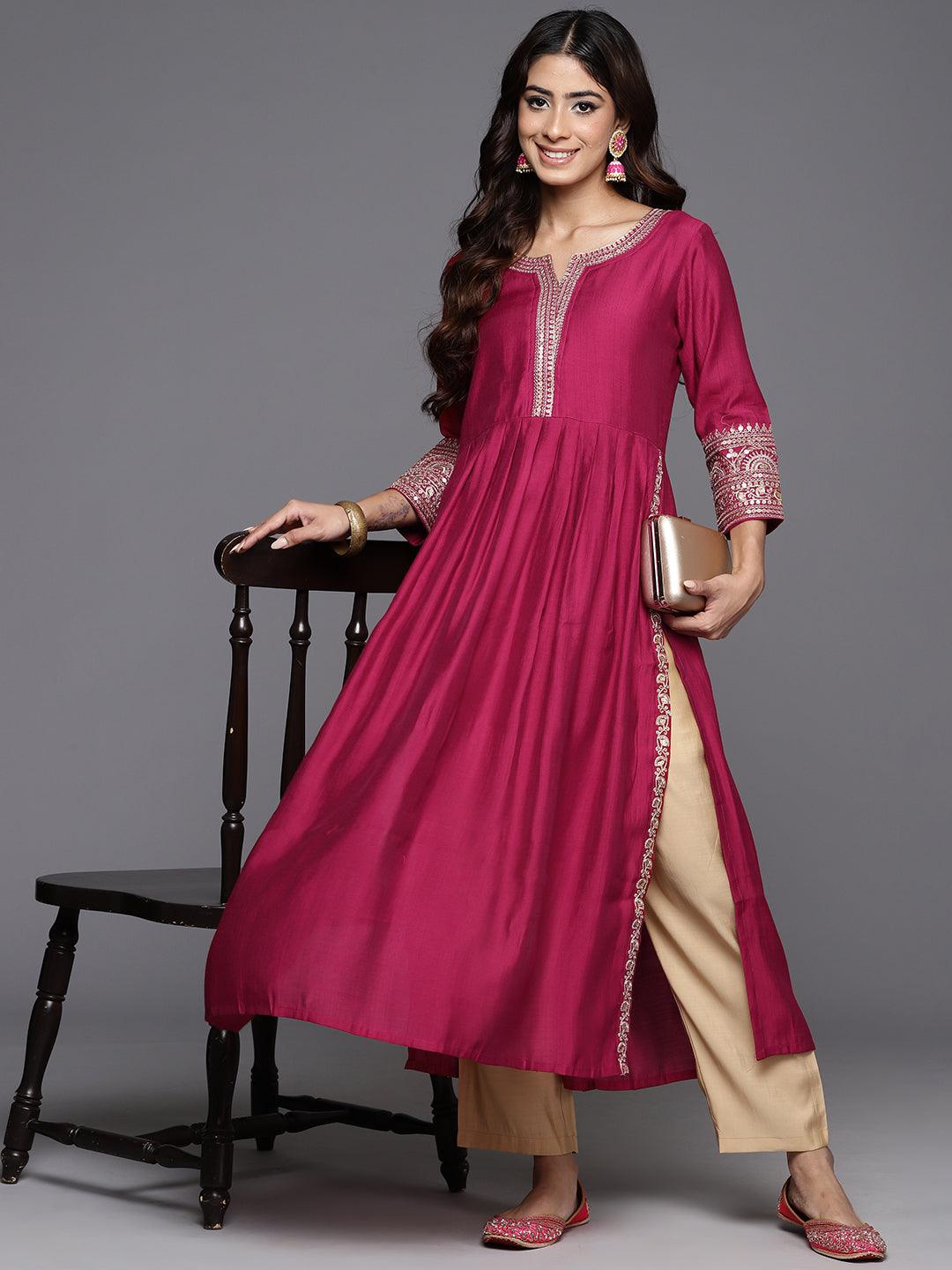 Pink Embellished Silk A-Line Kurta - Jashvi