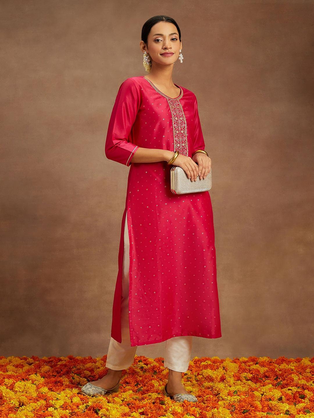 Pink Embellished Silk Straight Kurta - Jashvi