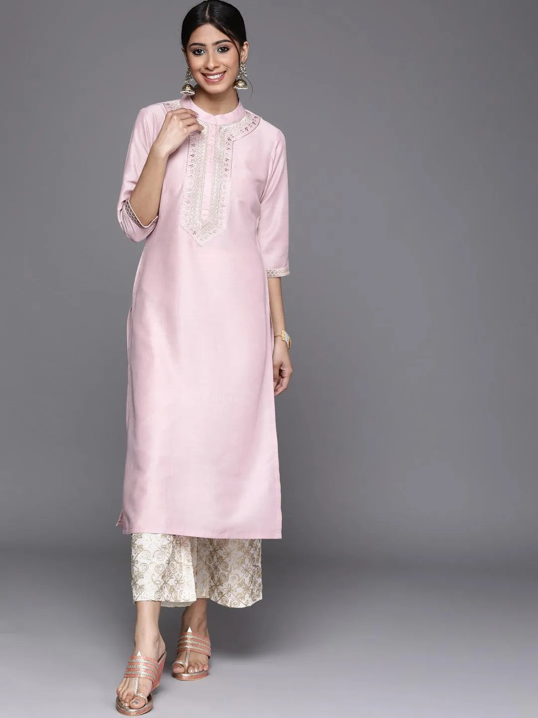 Pink Embroidered Chanderi Silk Kurta - Jashvi