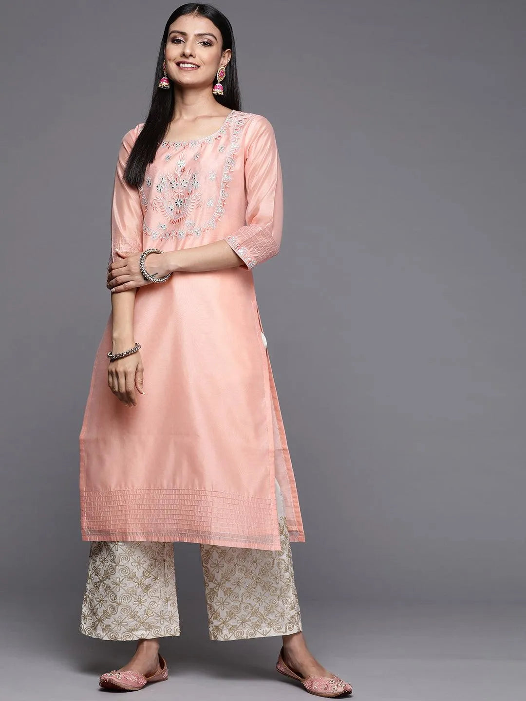 Pink Embroidered Chanderi Silk Straight Kurta - Jashvi