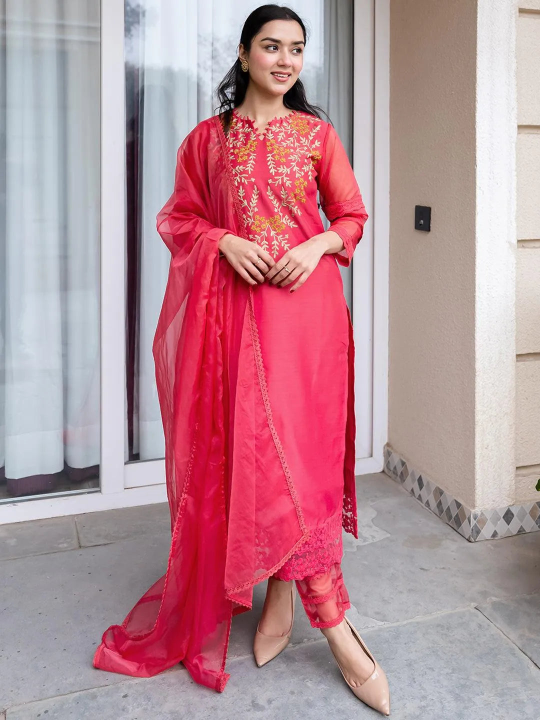 Pink Embroidered Chanderi Silk Straight Suit Set - Jashvi