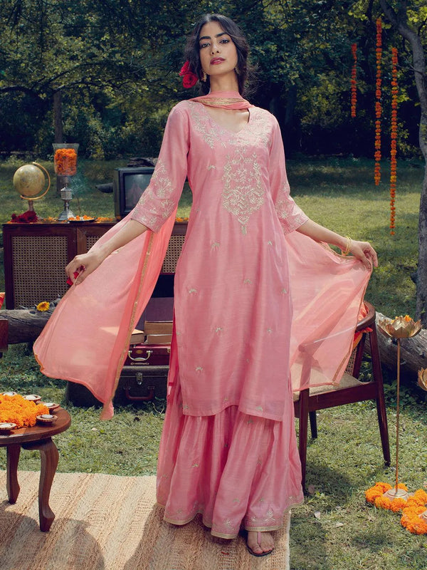 Pink Embroidered Chanderi Silk Suit Set - Jashvi