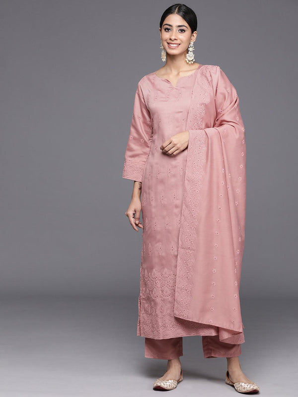 Pink Embroidered Chanderi Silk Straight Kurta With Trousers & Dupatta - Jashvi