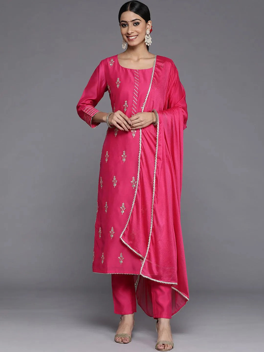 Pink Embroidered Chanderi Silk Straight Suit Set - Jashvi