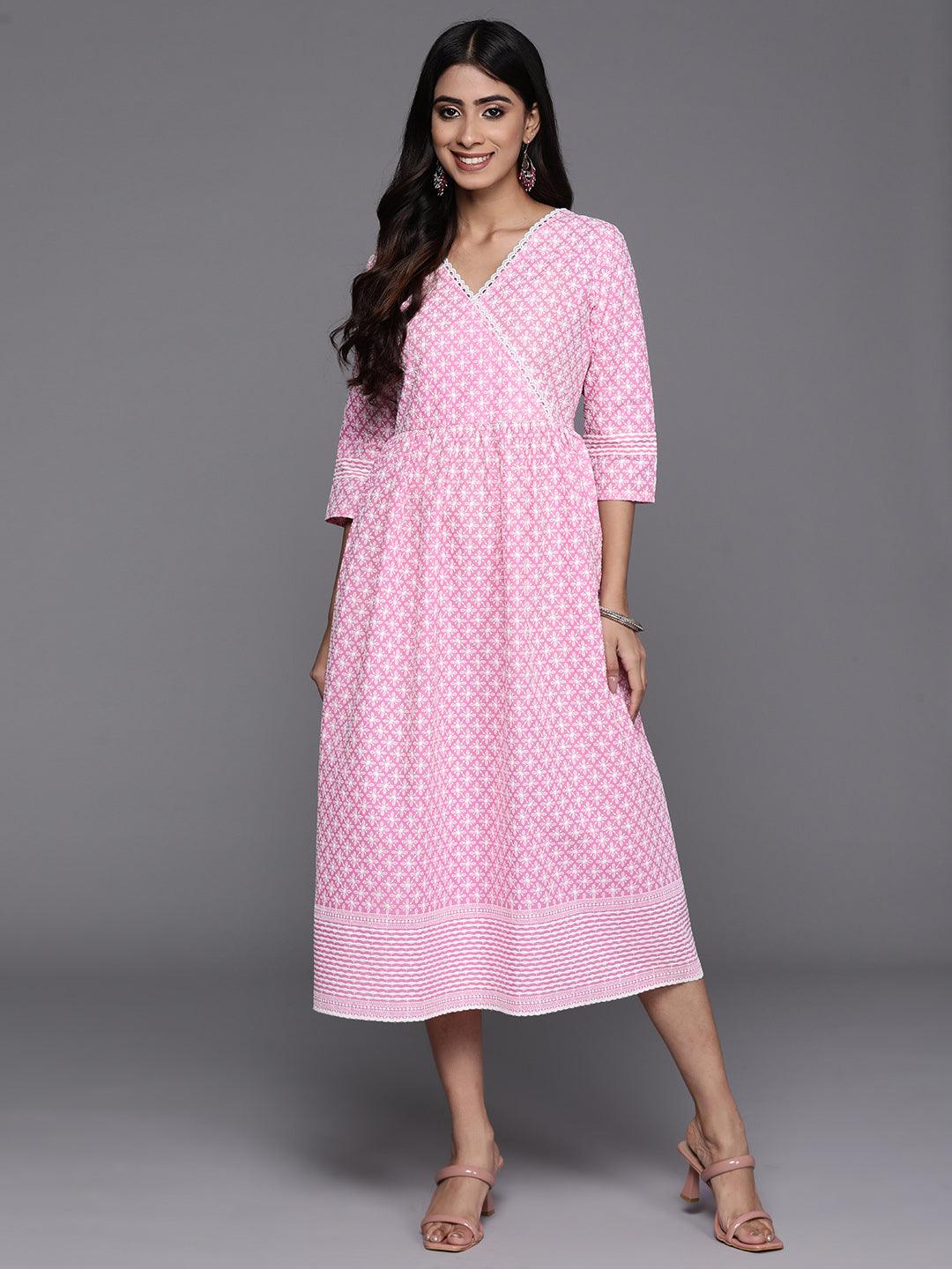 Pink Printed Cotton Fit and Flare Dress - Jashvi