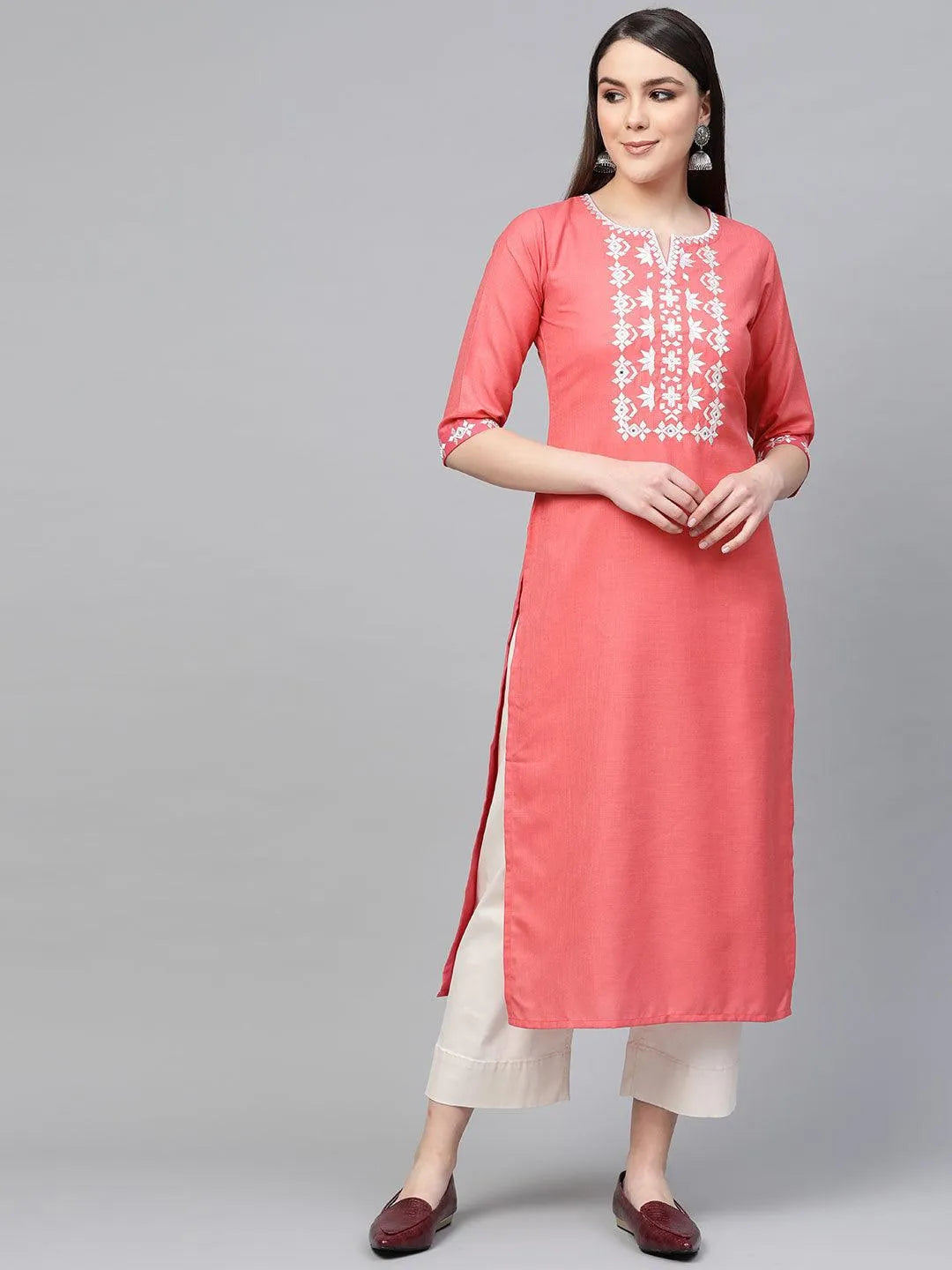 Pink Embroidered Cotton Kurta - Jashvi