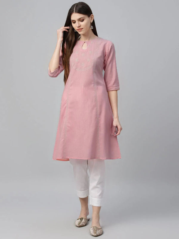 Pink Embroidered Cotton Kurta - Jashvi