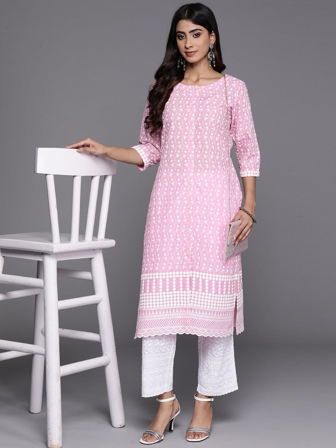 Pink Embroidered Cotton Straight Kurta - Jashvi