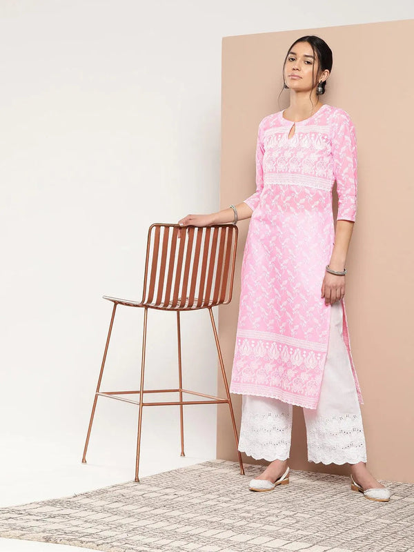 Pink Embroidered Cotton Straight Kurta - Jashvi