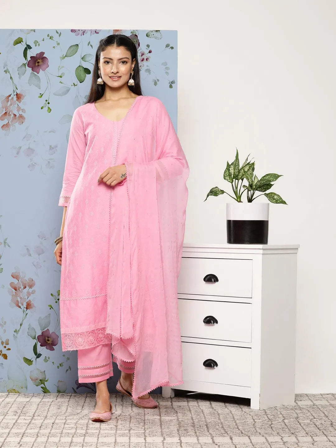 Pink Embroidered Cotton Suit Set With Trousers - Jashvi