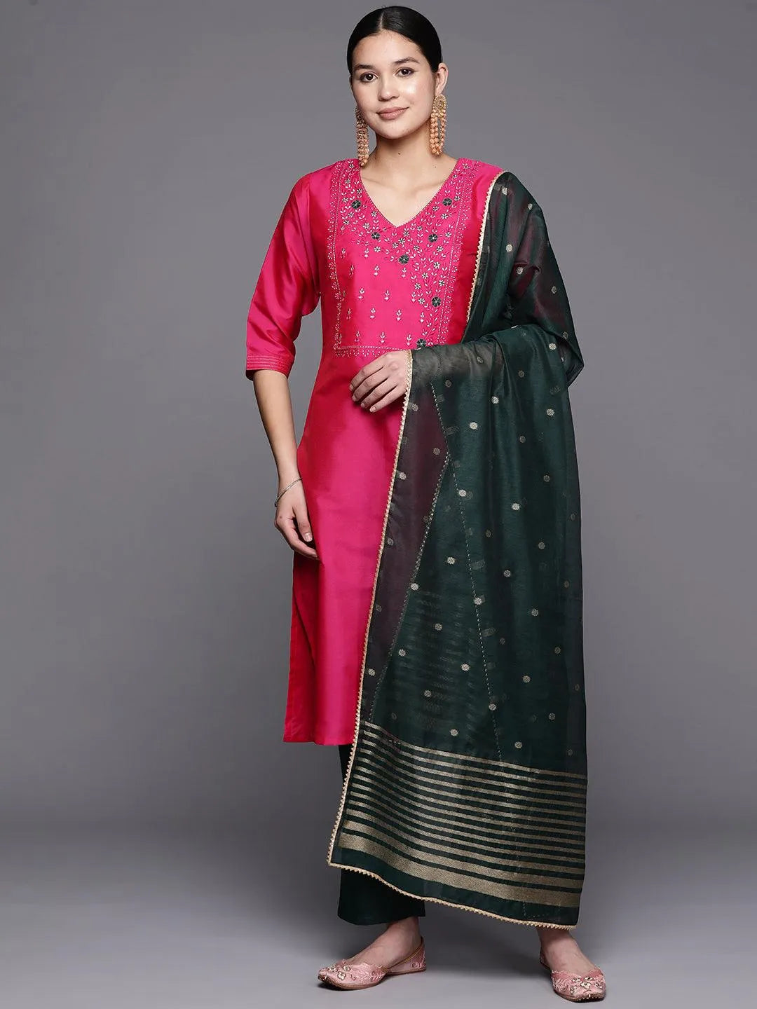 Pink Embroidered Cotton Straight Suit Set With Trousers - Jashvi