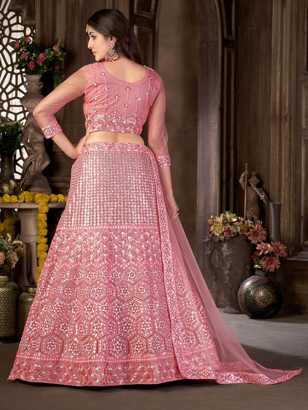 Women's Pink Embroidered Designer Net Lehenga - Odette