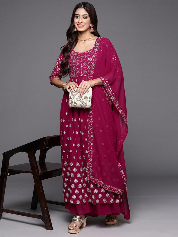 Pink Embroidered Georgette A-Line Kurta With Palazzos & Dupatta - Jashvi