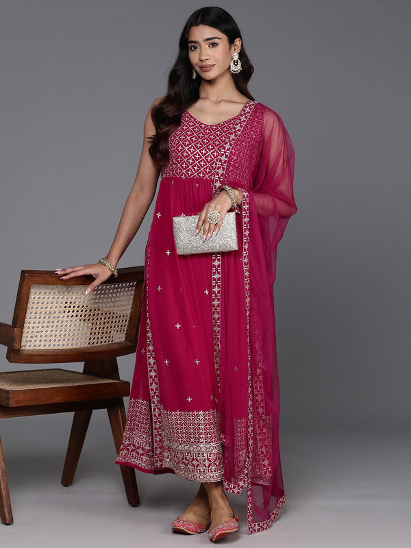 Pink Embroidered Georgette A-Line Kurta With Trousers & Dupatta - Jashvi