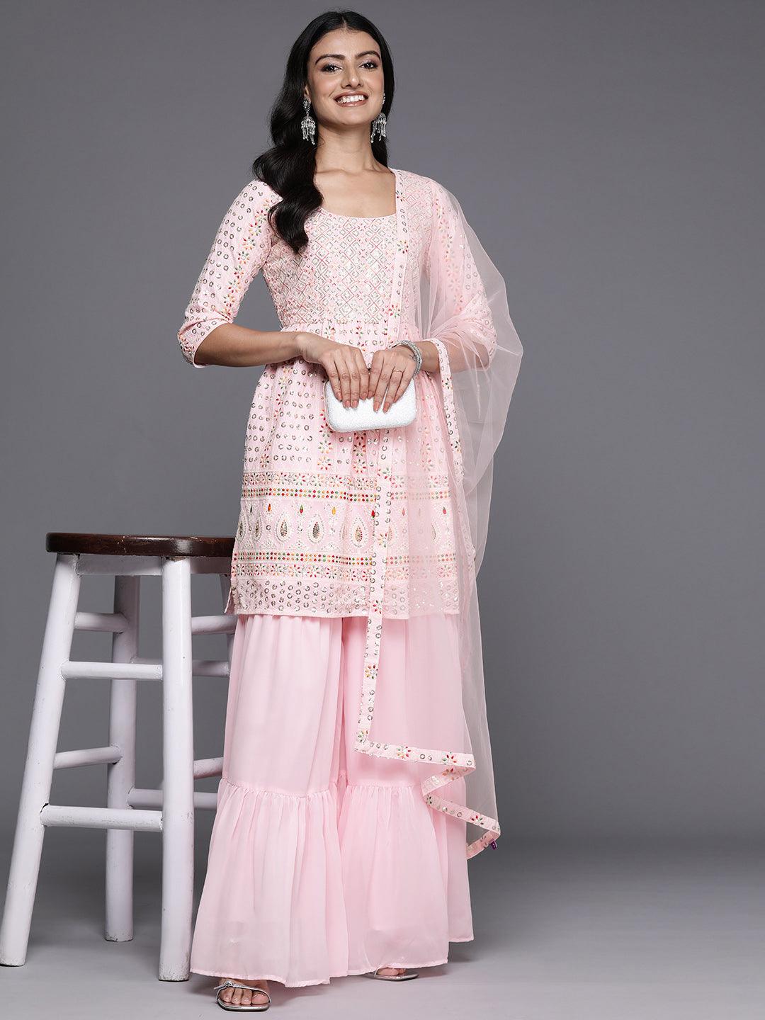 Pink Embroidered Georgette A-Line Kurti With Sharara & Dupatta - Jashvi