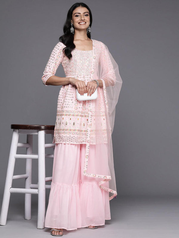 Pink Embroidered Georgette A-Line Kurti With Sharara & Dupatta - Jashvi