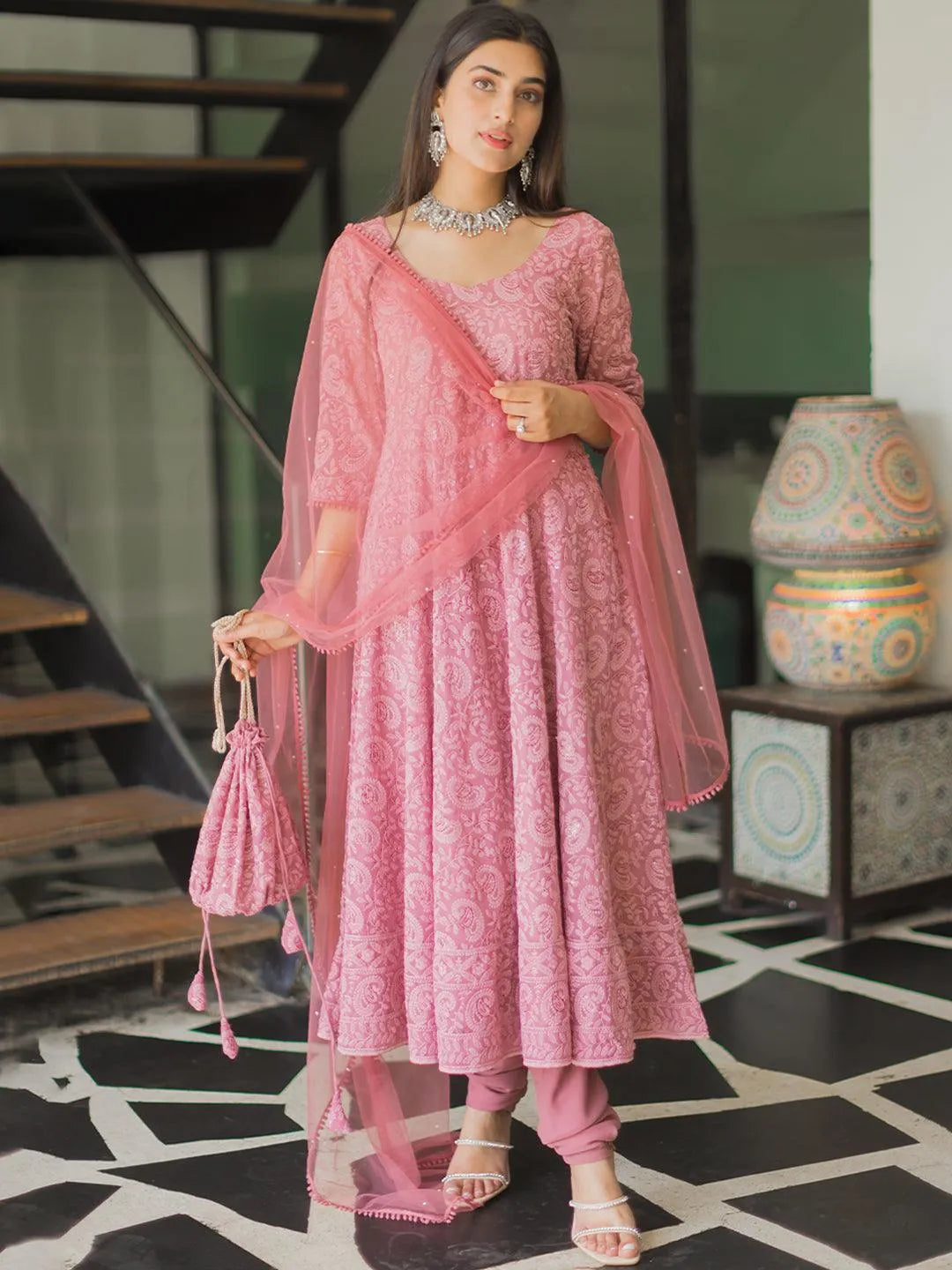 Pink Embroidered Georgette Anarkali Suit Set With Potli - Jashvi