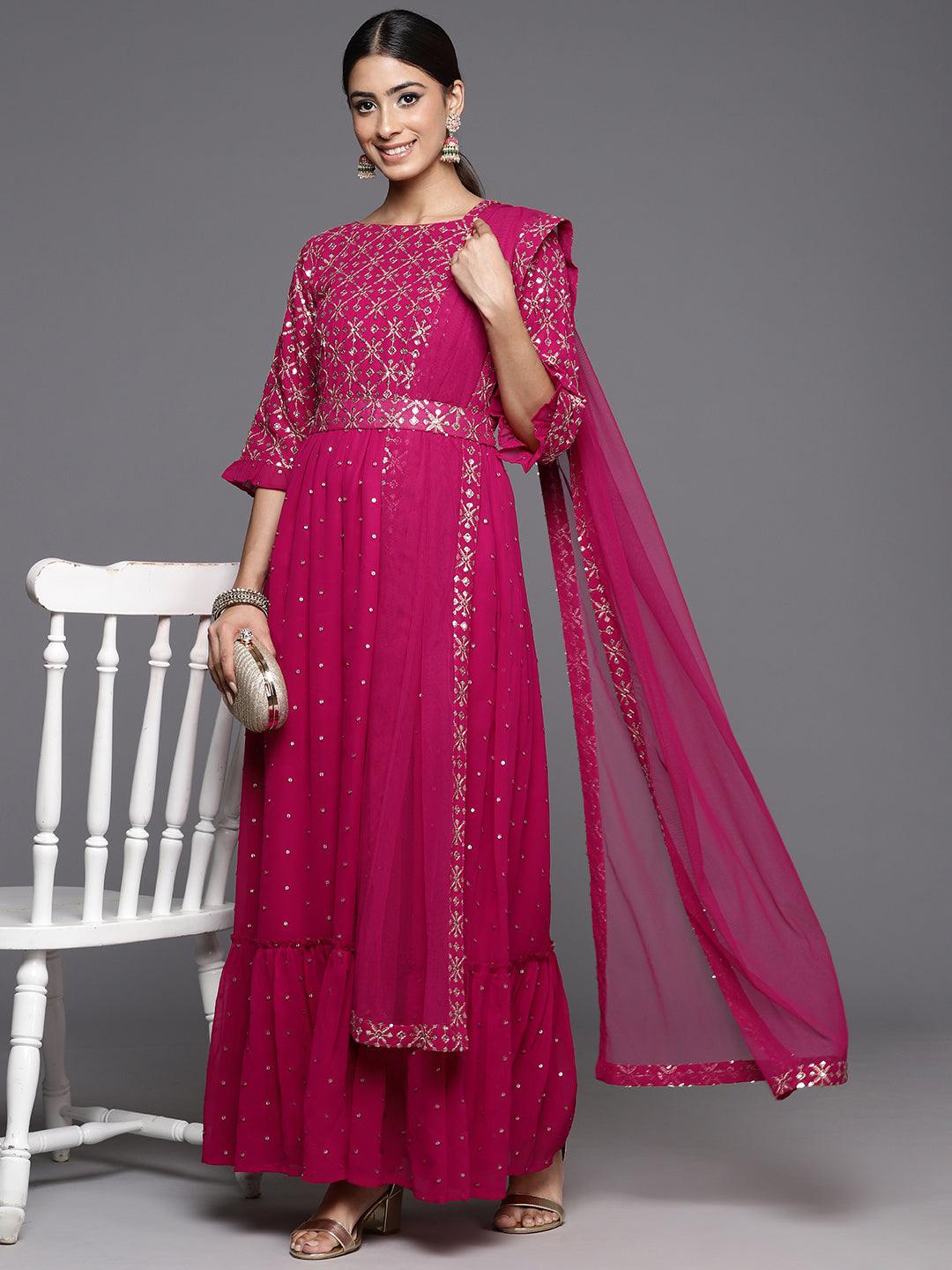 Pink Embroidered Georgette Anarkali Kurta With Trousers & Dupatta - Jashvi