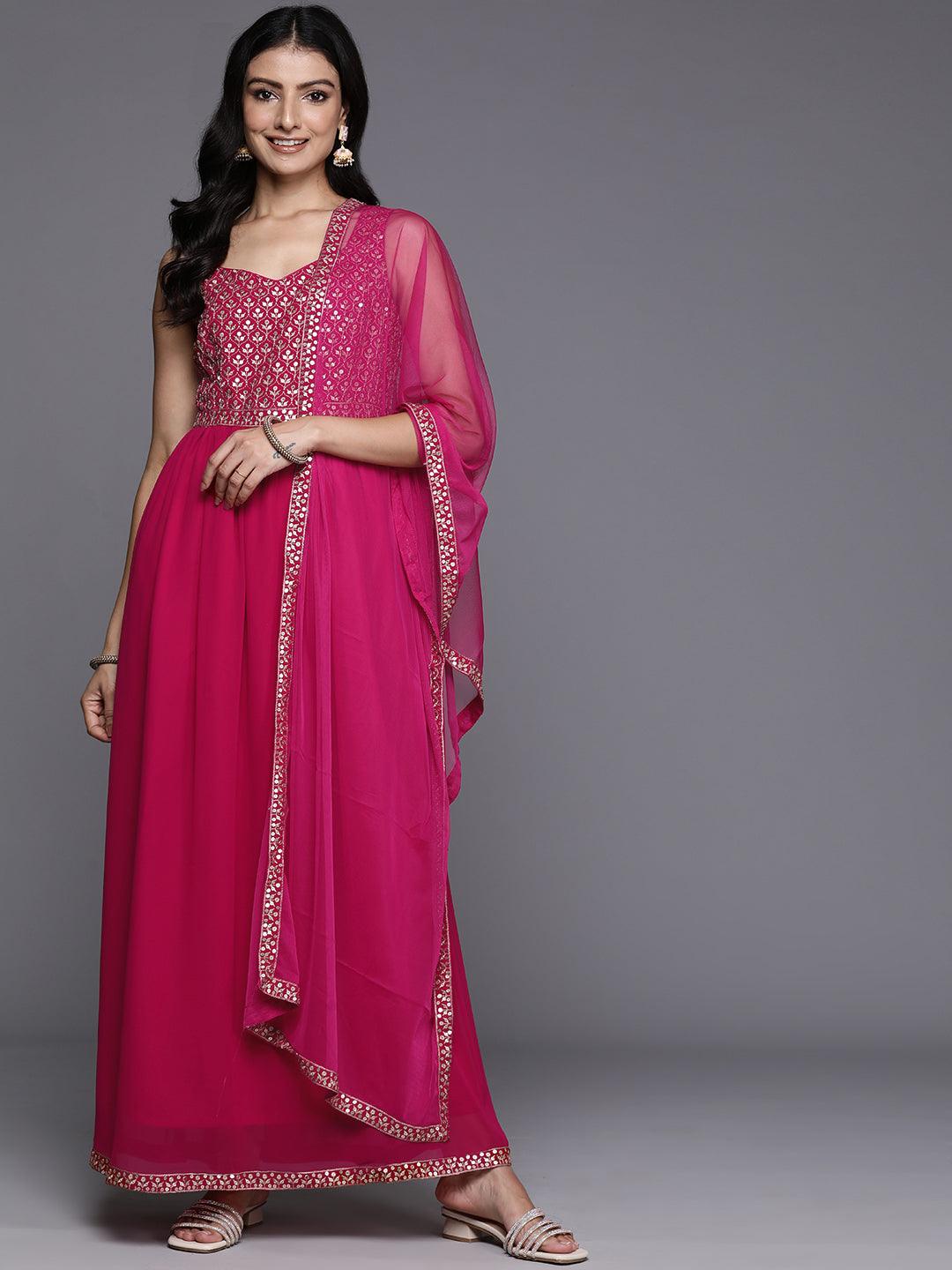 Pink Embroidered Georgette Anarkali Kurta With Trousers & Dupatta - Jashvi