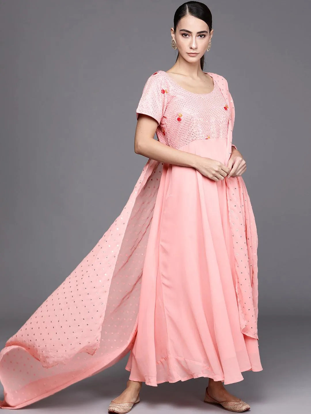 Pink Embroidered Georgette Dress With Dupatta - Jashvi