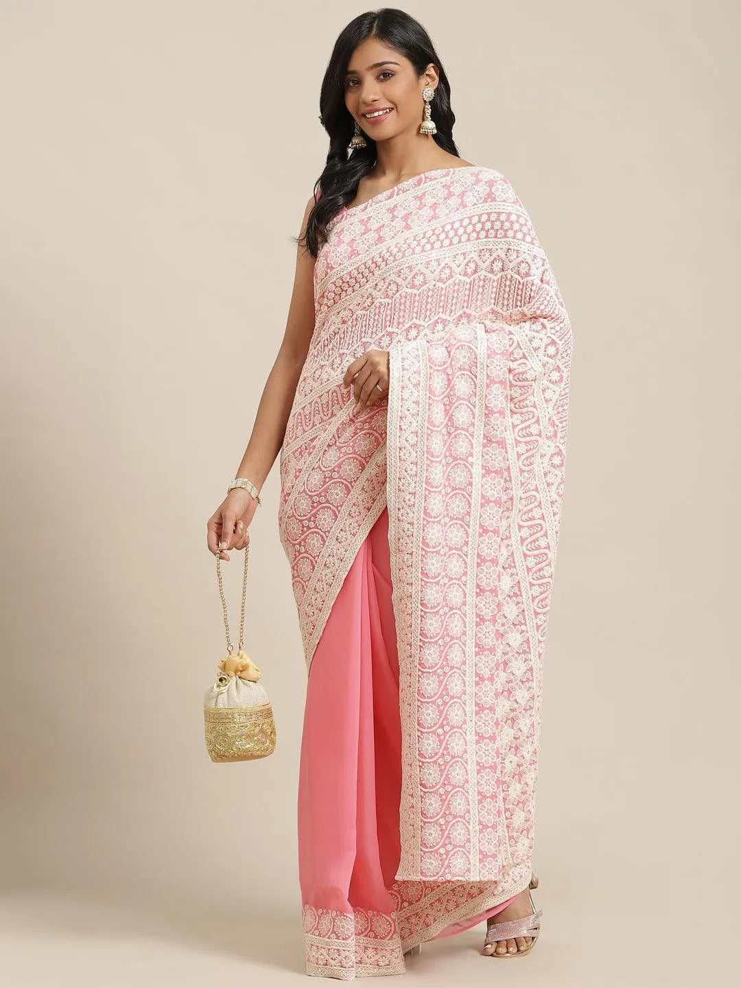 Pink Embroidered Georgette Saree - Jashvi