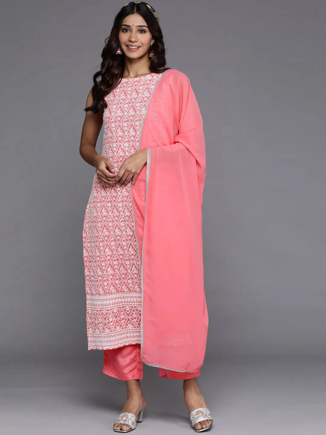 Pink Embroidered Georgette Straight Suit Set With Trousers - Jashvi