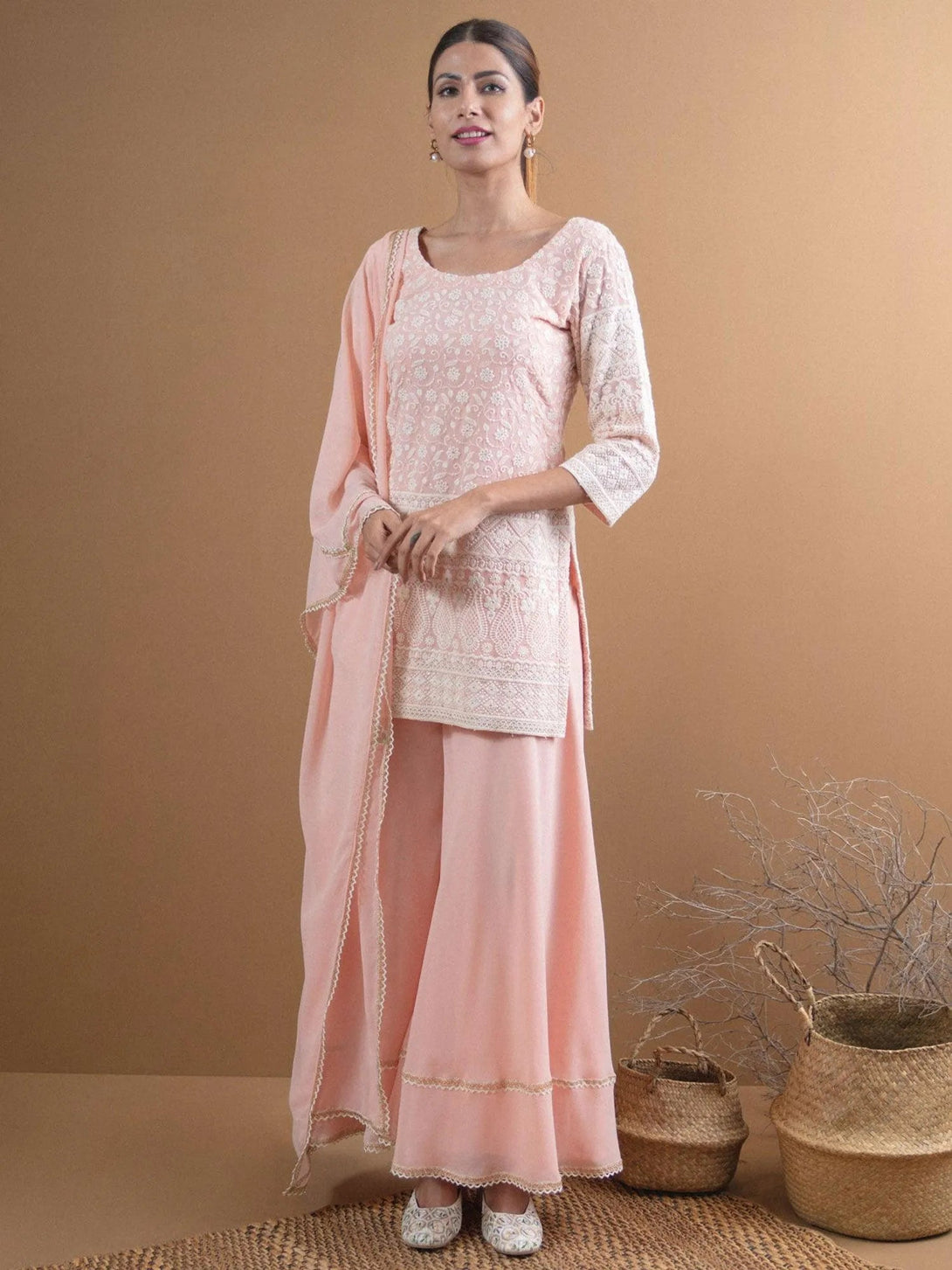 KAYRA Pink Embroidered Georgette Suit Set - Jashvi