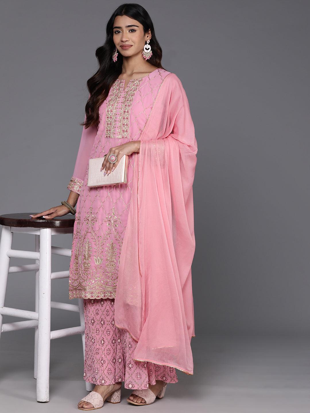 Pink Embroidered Georgette Straight Kurta With Palazzos & Dupatta - Jashvi