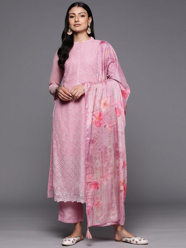 Pink Embroidered Georgette Straight Suit Set With Trousers - Jashvi