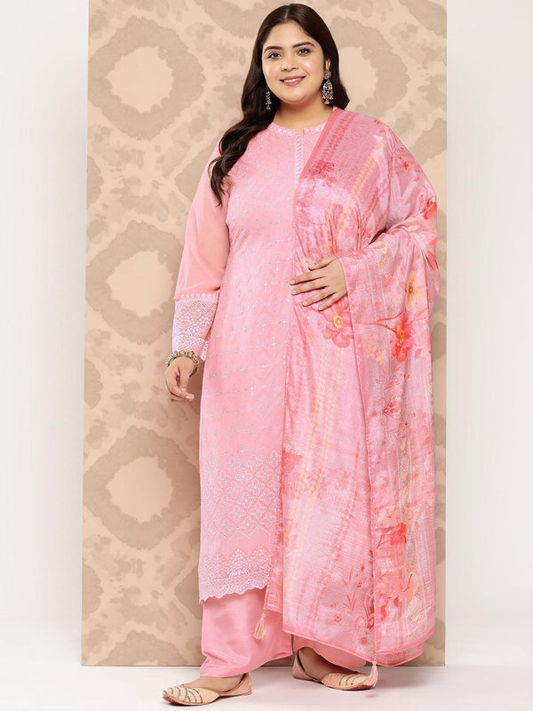 Pink Embroidered Georgette Straight Kurta With Trousers and Dupatta - Jashvi