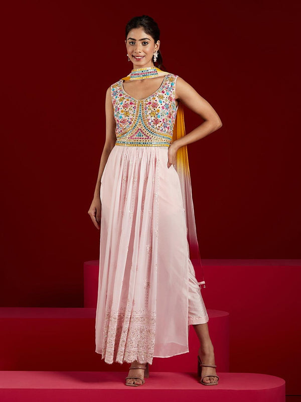 Pink Embroidered Georgette Straight Kurta With Trousers & Dupatta - Jashvi